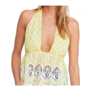 Free People Small Lunch Date Later Plunge Halter Top Citron Combo NWT MSRP $98